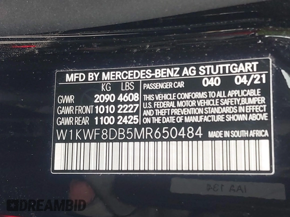 2021 Mercedes-Benz C 300 with VIN W1KWF8DB5MR650484, listed as a IAAI auction lot 42190143 with 32,460 mi miles and . Bid and sale history available at DreamBid. Image 9.