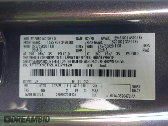 2020 Ford F-150 XL with VIN 1FTEX1EP2LKD71120, listed as a IAAI auction lot 41700186 with 46,240 mi miles. Bid and sale history available at carsss.com. Image 9.