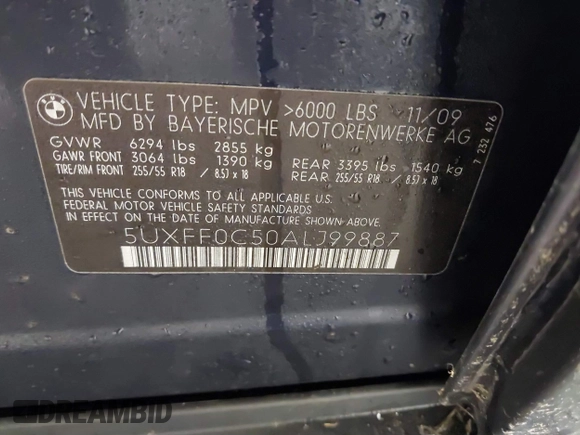 2010 BMW X5 35d with VIN 5UXFF0C50ALJ99887, listed as a IAAI auction lot 41585772 with 96,983 mi miles. Bid and sale history available at carsss.com. Image 9.