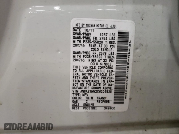 2012 Nissan Murano SV with VIN JN8AZ1MW2CW204528, listed as a Copart auction lot 55052045 with 116,467 mi miles and Salvage Title. Bid and sale history available at carsss.com. Image 13.
