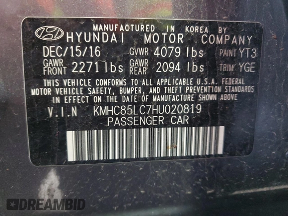 2017 Hyundai Ioniq Limited with VIN KMHC85LC7HU020819, listed as a Copart auction lot 53632155 with 72,404 mi miles and Clean Title. Bid and sale history available at DreamBid. Image 13.