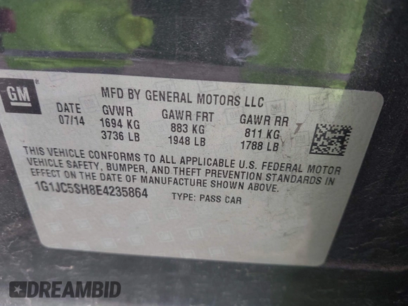 2014 Chevrolet Sonic LT with VIN 1G1JC5SH8E4235864, listed as a IAAI auction lot 42247217 with 150,057 mi miles and . Bid and sale history available at DreamBid. Image 9.