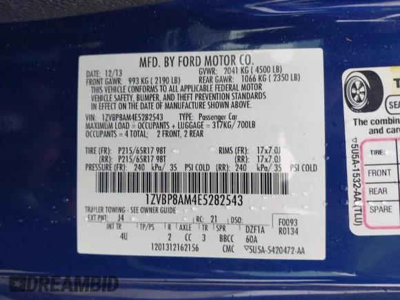 2014 Ford Mustang V6 with VIN 1ZVBP8AM4E5282543, listed as a IAAI auction lot 42367520 with 208,641 mi miles and . Bid and sale history available at DreamBid. Image 9.