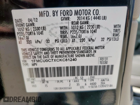 2012 Ford Escape XLS with VIN 1FMCU0C7XCKC81240, listed as a Copart auction lot 60207255 with 82,443 mi miles and Salvage title. Bid and sale history available at DreamBid. Image 13.