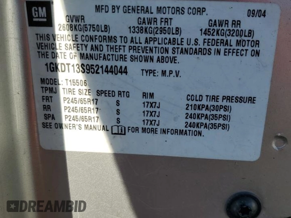2005 GMC Envoy SLE with VIN 1GKDT13S952144044, listed as a Copart auction lot 88269485 with 0 mi miles and Salvage Title. Bid and sale history available at carsss.com. Image 13.
