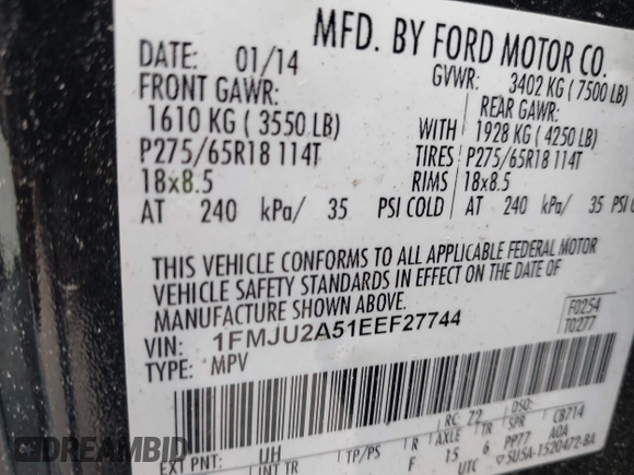 2014 Ford Expedition Limited with VIN 1FMJU2A51EEF27744, listed as a IAAI auction lot 42023948 with 138,448 mi miles and . Bid and sale history available at DreamBid. Image 9.