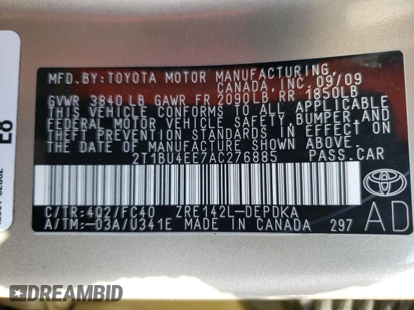2010 Toyota Corolla with VIN 2T1BU4EE7AC276885, listed as a Copart auction lot 51409805 with 140,731 mi miles and Non Repairable. Bid and sale history available at DreamBid. Image 12.