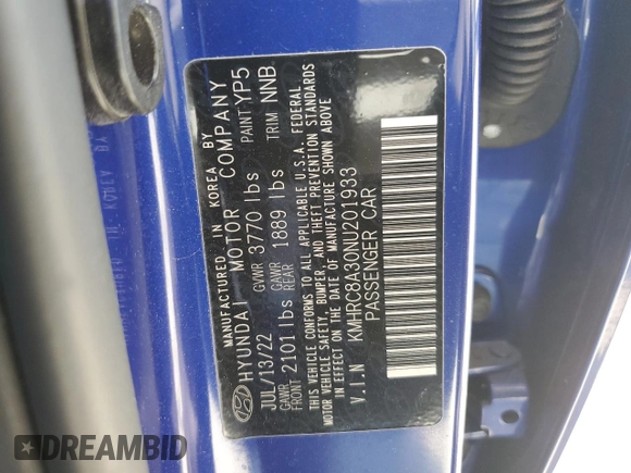 2022 Hyundai Venue SEL with VIN KMHRC8A30NU201933, listed as a Copart auction lot 52323305 with 43,752 mi miles and Salvage title. Bid and sale history available at DreamBid. Image 14.
