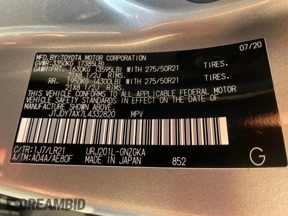 2020 Lexus LX 570 with VIN JTJDY7AX7L4332820, listed as a Copart auction lot 52223565 with 102,417 mi miles and Clean title. Bid and sale history available at DreamBid. Image 10.