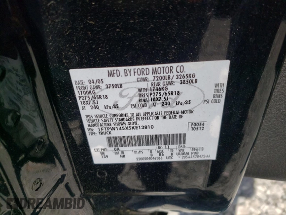 2005 Ford F-150 XLT z VIN 1FTPW145X5KE13810, wystawiony jako Copart lot #62060585 z przebiegiem Nie podano mil oraz Czysty tytuł • Clean title. Historia ofert i sprzedaży dostępna na DreamBid. Obrazek 12.