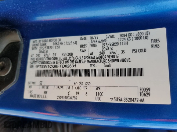 2015 Ford F-150 XL with VIN 1FTEW1CG8FFD02631, listed as a Copart auction lot 60219845 with 131,759 mi miles and Salvage title. Bid and sale history available at DreamBid. Image 12.