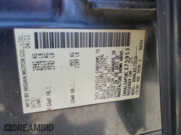 2011 Nissan Altima S with VIN 1N4AL2AP5BC175953, listed as a Copart auction lot 53921325 with Not provided miles and Salvage title. Bid and sale history available at DreamBid. Image 12.