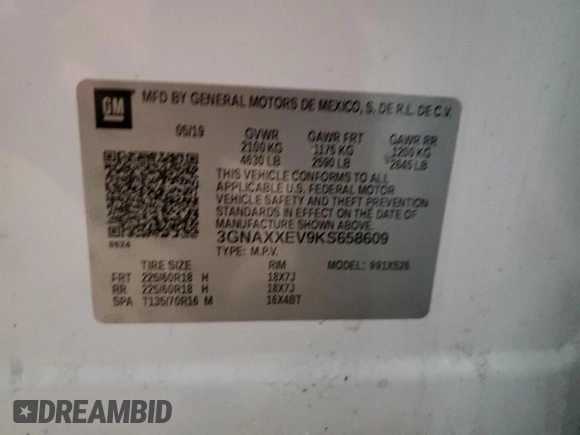 2019 Chevrolet Equinox Premier with VIN 3GNAXXEV9KS658609, listed as a Copart auction lot 46895635 with Not Provided miles and Salvage Title. Bid and sale history available at DreamBid. Image 12.