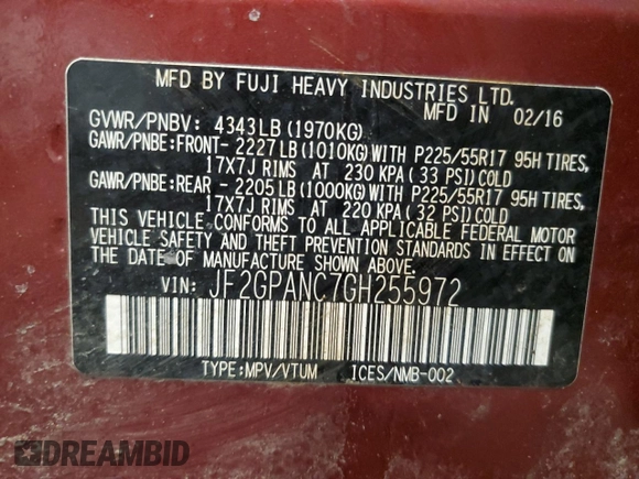 2016 Subaru Crosstrek Limited z VIN JF2GPANC7GH255972, wystawiony jako Copart lot #46749455 z przebiegiem 62 662 mil mil oraz Szkody całkowita. Historia ofert i sprzedaży dostępna na DreamBid. Obrazek 15.