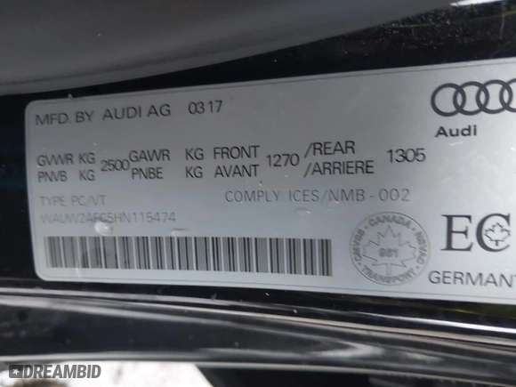 2017 Audi A7 Premium Plus with VIN WAUW2AFC5HN115474, listed as a IAAI auction lot 41494152 with 97,255 mi miles. Bid and sale history available at carsss.com. Image 9.