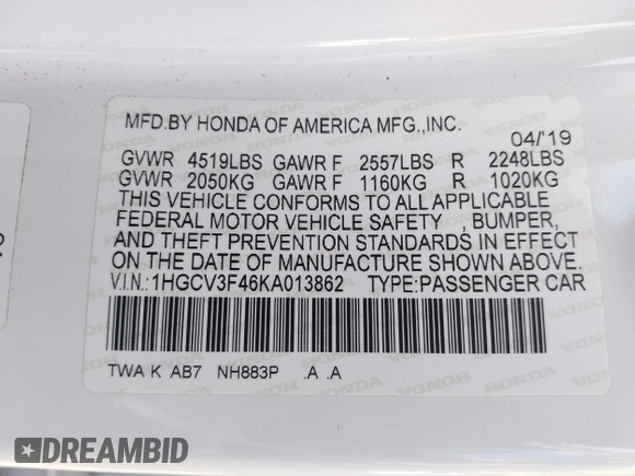 2019 Honda Accord EX with VIN 1HGCV3F46KA013862, listed as a IAAI auction lot 42621906 with 79,229 mi miles and . Bid and sale history available at DreamBid. Image 9.