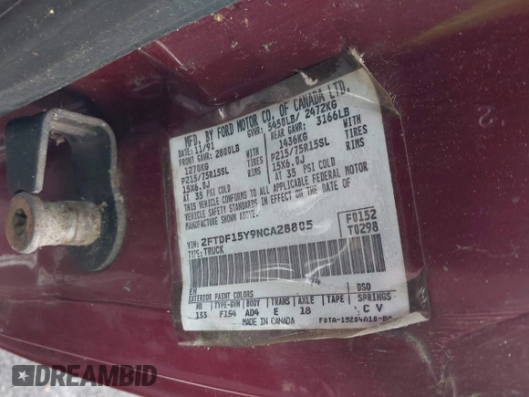 1992 Ford F-150 with VIN 2FTDF15Y9NCA28805, listed as a IAAI auction lot 41911667 with 1 mi miles. Bid and sale history available at carsss.com. Image 9.