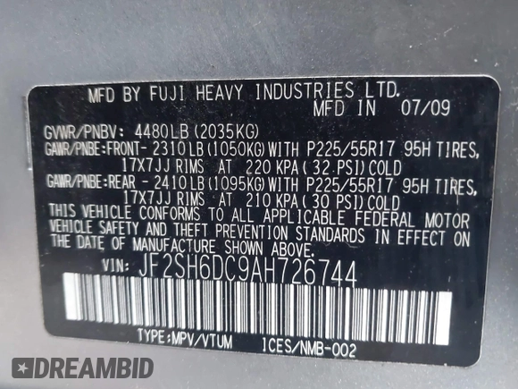 2010 Subaru Forester X Limited with VIN JF2SH6DC9AH726744, listed as a IAAI auction lot 42096572 with 143,059 mi miles and . Bid and sale history available at DreamBid. Image 9.