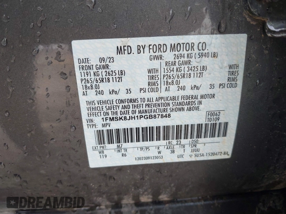 2023 Ford Explorer Timberline z VIN 1FMSK8JH1PGB87848, wystawiony jako IAAI lot #42099995 z przebiegiem 28 456 mil mil oraz . Historia ofert i sprzedaży dostępna na DreamBid. Obrazek 9.