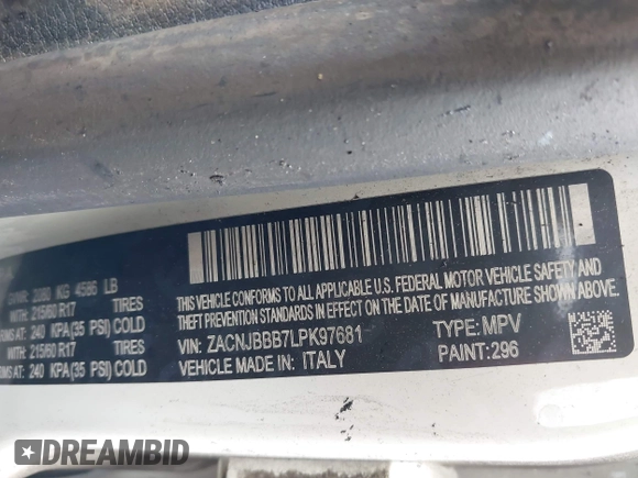 2020 Jeep Renegade Latitude z VIN ZACNJBBB7LPK97681, wystawiony jako IAAI lot #42317945 z przebiegiem Nie podano mil oraz . Historia ofert i sprzedaży dostępna na DreamBid. Obrazek 9.