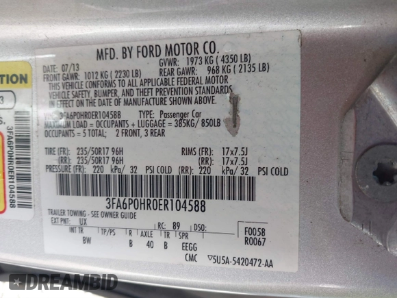 2014 Ford Fusion SE with VIN 3FA6P0HR0ER104588, listed as a IAAI auction lot 41573701 with 281,160 mi miles. Bid and sale history available at carsss.com. Image 9.