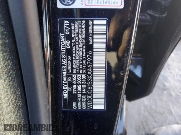 2019 Mercedes-Benz S-Class AMG S 63 with VIN WDDUG8JB3KA467976, listed as a Copart auction lot 37294144 with 26,309 mi miles. Bid and sale history available at carsss.com. Image 12.