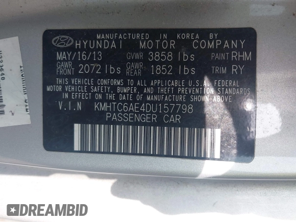 2013 Hyundai Veloster Turbo with VIN KMHTC6AE4DU157798, listed as a IAAI auction lot 42001561 with 163,370 mi miles and . Bid and sale history available at DreamBid. Image 9.