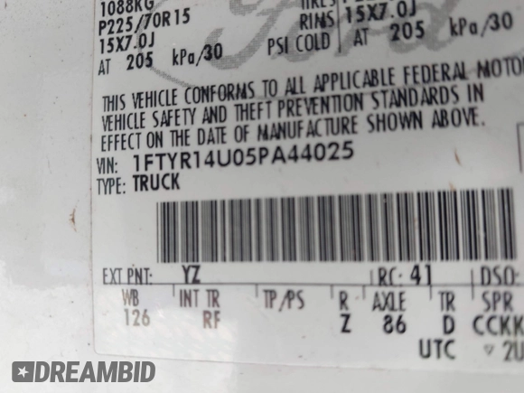 2005 Ford Ranger XL with VIN 1FTYR14U05PA44025, listed as a IAAI auction lot 41579743 with 145,113 mi miles and . Bid and sale history available at DreamBid. Image 9.