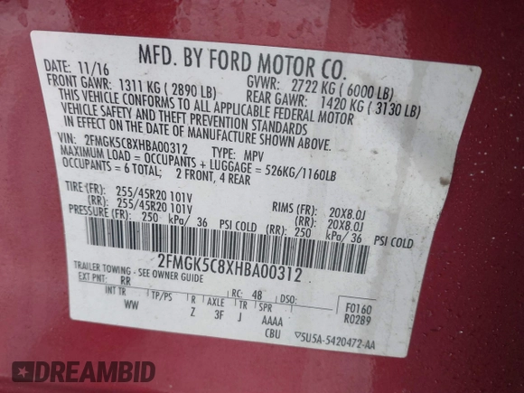 2017 Ford Flex SEL with VIN 2FMGK5C8XHBA00312, listed as a IAAI auction lot 41628450 with 144,268 mi miles. Bid and sale history available at carsss.com. Image 9.