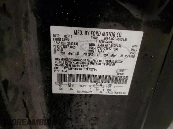2012 Ford F-150 XL with VIN 1FTMF1EF6CFB12791, listed as a Copart auction lot 57132145 with 206,525 mi miles and Salvage title. Bid and sale history available at DreamBid. Image 12.