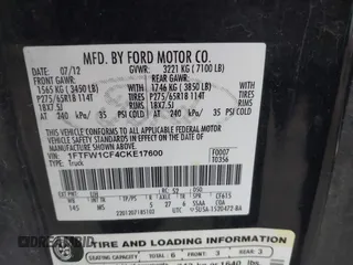 2012 Ford F-150 XL with VIN 1FTFW1CF4CKE17600, listed as a IAAI auction lot 42120211 with 202,613 mi miles. Bid and sale history available at carsss.com. Image 9.