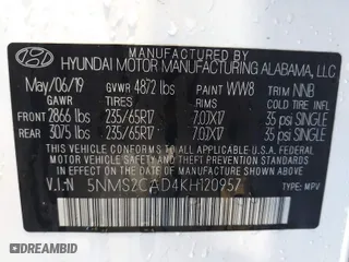 2019 Hyundai Santa Fe SE with VIN 5NMS2CAD4KH120957, listed as a IAAI auction lot 41937085 with 101,584 mi miles. Bid and sale history available at carsss.com. Image 9.