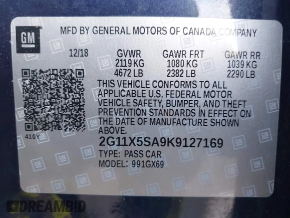 2019 Chevrolet Impala LS with VIN 2G11X5SA9K9127169, listed as a IAAI auction lot 41290057 with 111,077 mi miles and . Bid and sale history available at DreamBid. Image 9.