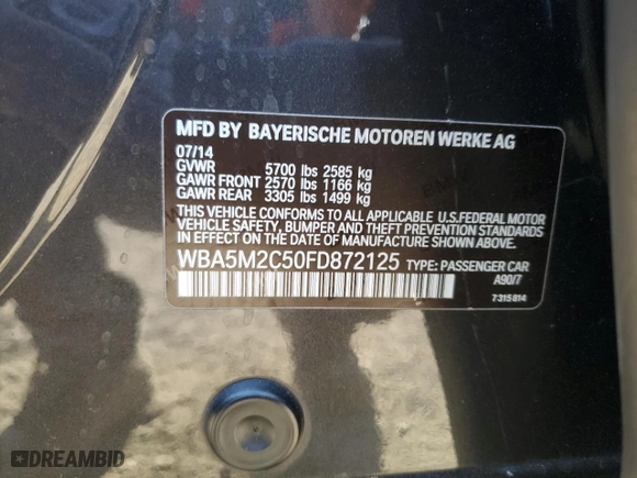 2015 BMW 5 Series Gran Turismo 535i with VIN WBA5M2C50FD872125, listed as a Copart auction lot 76184974 with 131,090 mi miles and Salvage Title. Bid and sale history available at carsss.com. Image 12.