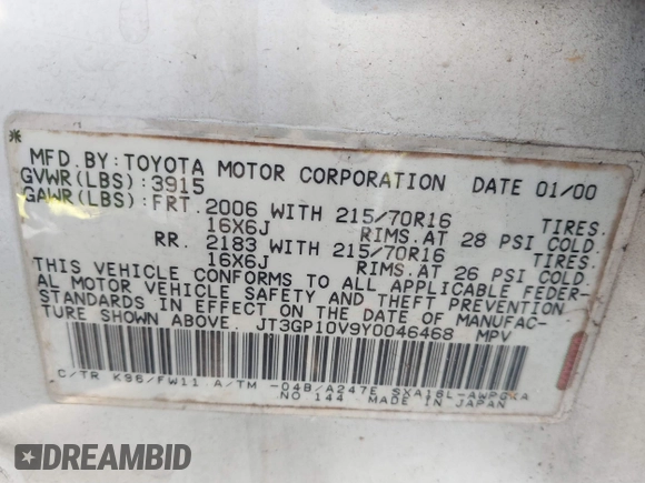 2000 Toyota RAV4 with VIN JT3GP10V9Y0046468, listed as a IAAI auction lot 41864553 with 286,660 mi miles and . Bid and sale history available at DreamBid. Image 9.