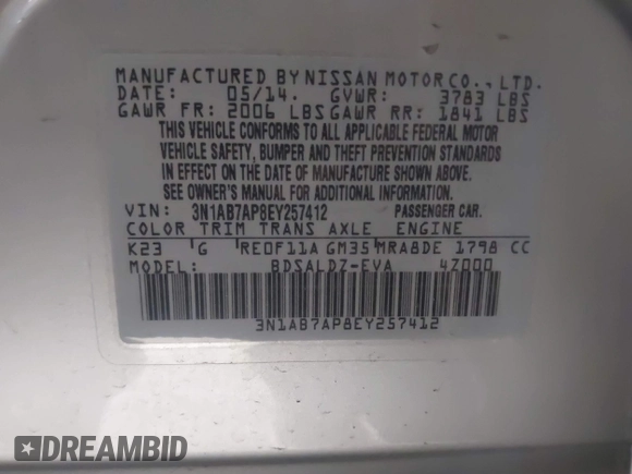 2014 Nissan Sentra SV with VIN 3N1AB7AP8EY257412, listed as a IAAI auction lot 41935044 with 180,843 mi miles and . Bid and sale history available at DreamBid. Image 9.