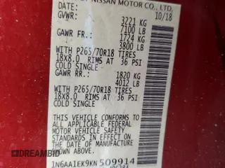 2019 Nissan Titan S with VIN 1N6AA1EK9KN509914, listed as a Copart auction lot 54070915 with 65,120 mi miles and Clean title. Bid and sale history available at DreamBid. Image 12.