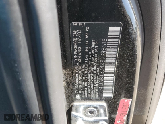 2003 BMW Z4 2.5i with VIN 4USBT33443LS46515, listed as a Copart auction lot 54763745 with Not provided miles and Salvage title. Bid and sale history available at DreamBid. Image 12.