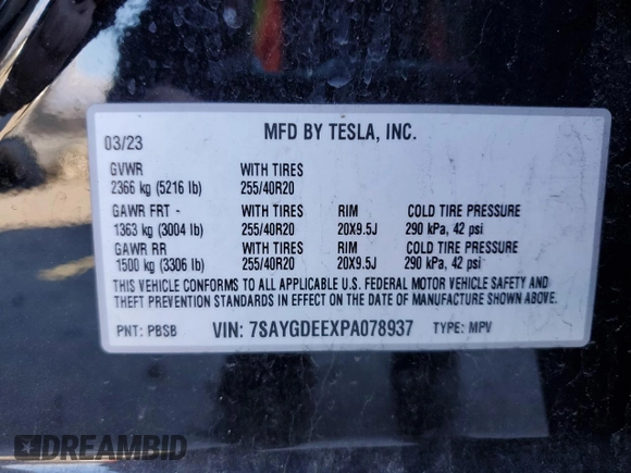 2023 Tesla Model Y Long Range with VIN 7SAYGDEEXPA078937, listed as a Copart auction lot 47095285 with 28,521 mi miles and Salvage Title. Bid and sale history available at DreamBid. Image 13.
