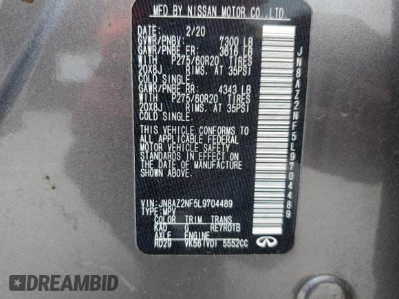 2020 Infiniti QX80 Luxe z VIN JN8AZ2NF5L9704489, wystawiony jako Copart lot #55509705 z przebiegiem 147 397 mil mil oraz Szkoda całkowita • Salvage title. Historia ofert i sprzedaży dostępna na DreamBid. Obrazek 14.