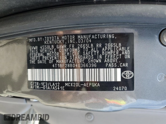 2004 Toyota Avalon XL with VIN 4T1BF28B04U366396, listed as a Copart auction lot 54438455 with 278,205 mi miles and Salvage Title. Bid and sale history available at DreamBid. Image 12.