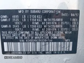 2017 Subaru Outback Limited z VIN 4S4BSANC0H3384198, wystawiony jako IAAI lot #42226711 z przebiegiem 133 749 mil mil oraz . Historia ofert i sprzedaży dostępna na DreamBid. Obrazek 9.