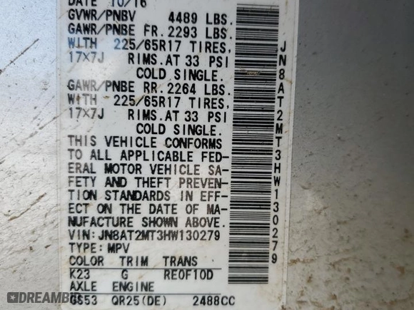 2017 Nissan Rogue SL with VIN JN8AT2MT3HW130279, listed as a Copart auction lot 51011285 with 58,475 mi miles and Salvage Title. Bid and sale history available at carsss.com. Image 13.