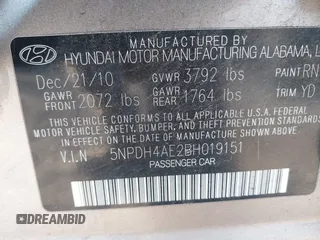 2011 Hyundai Elantra GLS z VIN 5NPDH4AE2BH019151, wystawiony jako IAAI lot #41366286 z przebiegiem 168 395 mil mil oraz . Historia ofert i sprzedaży dostępna na DreamBid. Obrazek 9.