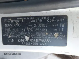 2004 Hyundai Elantra GLS z VIN KMHDN46D64U796686, wystawiony jako IAAI lot #42306228 z przebiegiem Nie podano mil oraz . Historia ofert i sprzedaży dostępna na DreamBid. Obrazek 9.