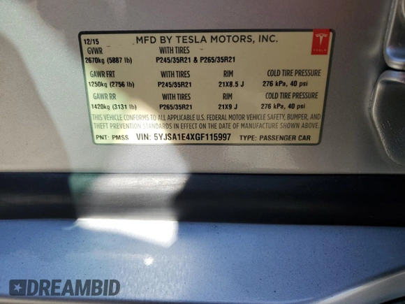 2016 Tesla Model S 90D z VIN 5YJSA1E4XGF115997, wystawiony jako Copart lot #60933525 z przebiegiem Nie podano mil oraz Szkoda całkowita • Salvage title. Historia ofert i sprzedaży dostępna na DreamBid. Obrazek 12.