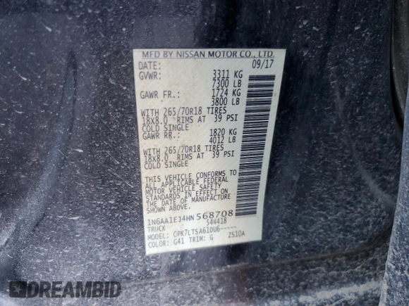 2017 Nissan Titan S with VIN 1N6AA1EJ4HN568708, listed as a Copart auction lot 79507594 with Not Provided miles and Salvage Title. Bid and sale history available at carsss.com. Image 15.