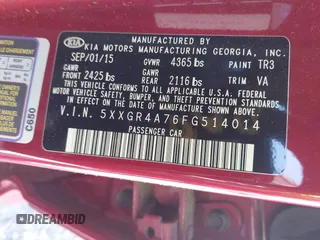 2015 Kia Optima SX with VIN 5XXGR4A76FG514014, listed as a IAAI auction lot 41980954 with 114,400 mi miles and . Bid and sale history available at carsss.com. Image 9.