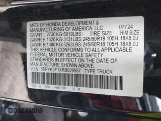 2024 Honda Ridgeline Sport with VIN 5FPYK3F1XRB029557, listed as a IAAI auction lot 42459032 with 4,437 mi miles and . Bid and sale history available at DreamBid. Image 9.