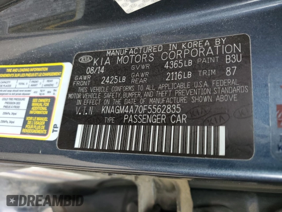 2015 Kia Optima LX with VIN KNAGM4A70F5562835, listed as a Copart auction lot 55532665 with 159,110 mi miles and Clean Title. Bid and sale history available at DreamBid. Image 12.